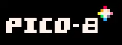 Em pixel art: o texto "PICO-8" escrito em branco sobre um plano de fundo preto, seguido por um formato de losango com um contorno arco-íris.