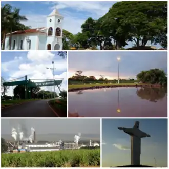 Praça Pio XII acima, letreiro de "Boa Viagem" no canto superior esquerdo, Lago Municipal no canto superior direito, Usina São Martinho e paisagem de canavial no canto inferior esquerdo e Cristo de Pradópolis no canto inferior direito.