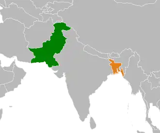 Mapa indicando localização de Bangladesh e do Paquistão.