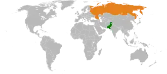 Mapa indicando localização do Paquistão e da Rússia.