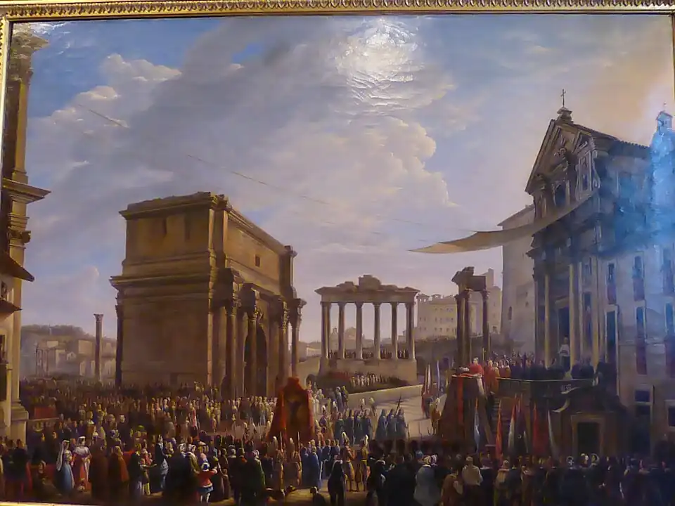 Papa Pio IX consagra o crucifixo de San Giuseppe. 1855. Por Michelangelo Pacetti.