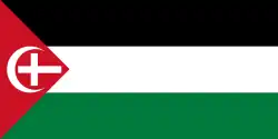 Bandeira usada durante a revolta árabe de 1936-1939 na Palestina, exibindo uma cruz cristã e um crescente islâmico no triângulo vermelho