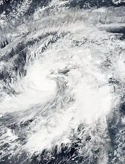 A low-level circulation develops, convection wraps around the center, and winds increase to tropical storm-force, signifying the system's development into a tropical storm.