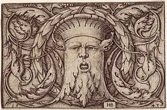 Gravura de cabeça foliada, Hans Sebald Beham, 1543