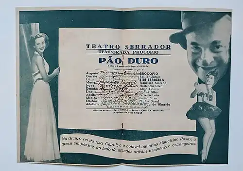Panfleto da peça Pão Duro (1941) de Amaral Gurgel, encenada pela Companhia Procópio Ferreira. Assinatura de Procópio, Bibi Ferreira e outros atores.