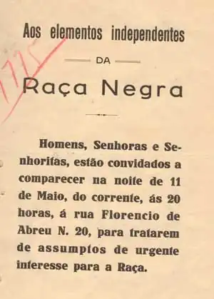 Panfleto da Frente Negra Brasileira, do qual Eunice Cunha foi cofundadora.