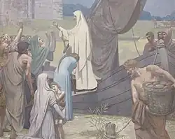 Mural retratando Santa Genoveva reabastecendo a cidade de Paris durante o sítio