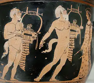 Dois papposilenoi como cantores no Panathenaia em figuras vermelhas sino-cratera do Ático atribuído a Polion, c. 420 BC
