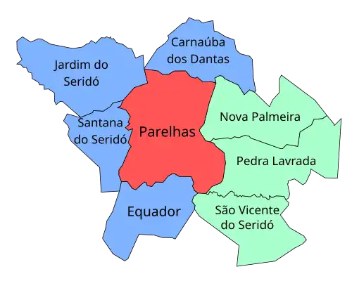 Parelhas em municípios limítrofes (em verde, municípios da Paraíba)