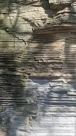 Rochas sedimentar de varvito apresentando a alternância de camadas claras e escuras (varves) indicando variações sazonais.