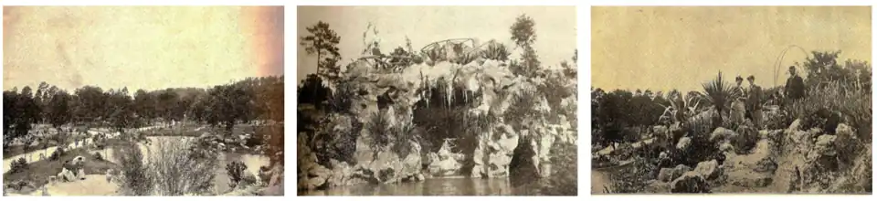 Felgueiras. Parque de António Mendes de Castro Vasconcellos ou Casa de Cabeça de Porca. Fotografias publicadas no catálogo nº 28 (1910) da Casa Jacinto de Matos. A alameda dava acesso ao lago, à gruta-miradouro e ao jardim alpino.