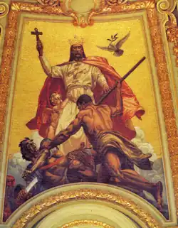 Jesus, com coroa e pomba da paz, apaziguando dois guerreiros em luta, a Catedral de Berlim, ~ 1900