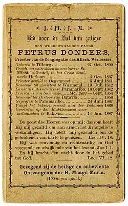 Cartão de oração Petrus Donders em seu ano de morte 1887, Arquivo Regional de Tilburg