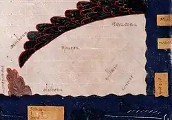 Ano 1047. Fragmento do mapa de Fernando e Sancha.[318] Pertencente à saga cartográfica dos "beatos" foi elaborado para a educação dos filhos dos reis. Gallecia' figura no noroeste peninsular com Asturias' no seu interior.