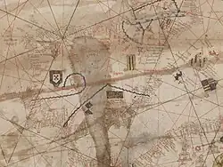 Ano ca. 1390. Portolano anónimo conservado na biblioteca nacional de Francia, datado a finais do século XIV, é atribuido ao taller de Abraão Cresques. Repite a configuración política presente en cartas náuticas precedentes destacando Santiago en Galicia.