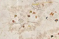 Ano 1413. A carta náutica de Mecia de Viladestes[361] segue o esquema de portulanos mais antigos. Galicia ocupa o noroeste peninsular com a Catedral de Santiago como o seu senlheiro monumento.