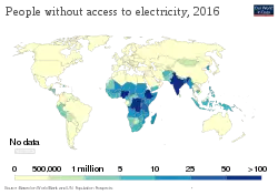 Map of people with access to energy. Lack of access is most pronounced in India, Sub-Saharan Africa and South-East Asia.