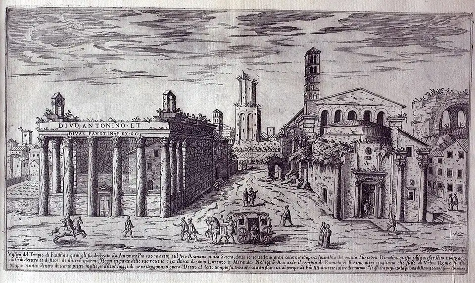 Gravura (1575) mostrando o Templo de Antonino e Faustina (Igreja de San Lorenzo in Miranda) à esquerda e Santi Cosma e Damiano à direita.