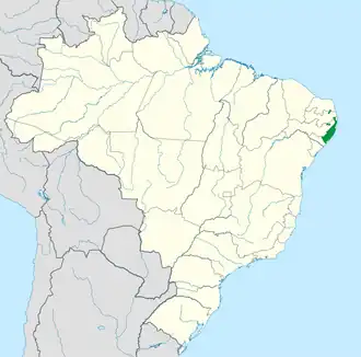 Localização da ecorregião das Florestas Costeiras de Pernmabuco segundo o WWF.