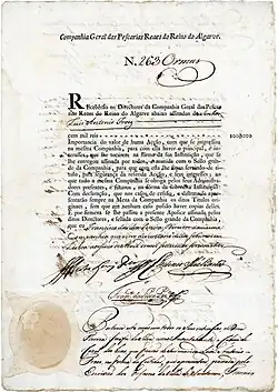 Acção fundadora da Companhia Geral das Pescarias Reaes do Reino do Algarve por 100$000 Reis, emitida em Lisboa a 5 de Abril de 1773