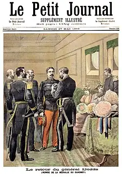 Primeira página do Le Petit Journal de 27 de maio de 1893 com a ilustração do General Dodds recebendo a primeira medalha do Daomé