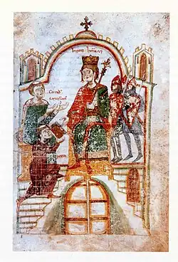 Pedro de Eboli, ajoelhado, oferece a sua obra ao imperador