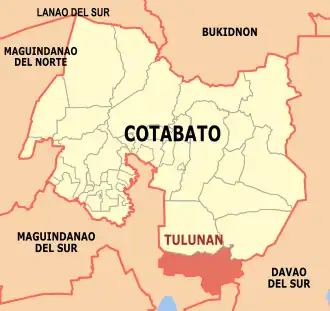 Tulunan na Cotabato Coordenadas : 6°49'53.36"N, 124°52'28.91"E