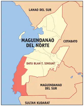 Datu Blah T. Sinsuat na Maguindanao do Norte Coordenadas : 7°4'4.46"N, 124°1'9.01"E
