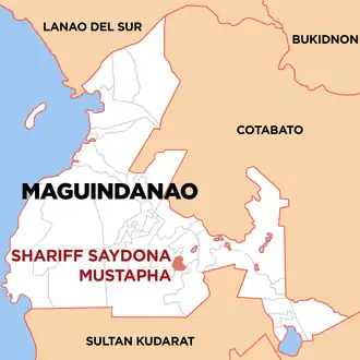 Shariff Saydona Mustapha na Maguindanao do Sul Coordenadas : 6°53'5.02"N, 124°29'23.46"E