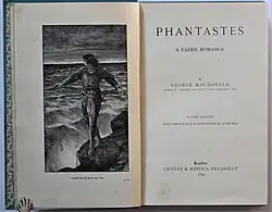 Frontispício e página de título de Phantastes de George MacDonald, de 1858, ilustrado por John Bell. O romance foi um dos primeiros de fantasia para adultos.