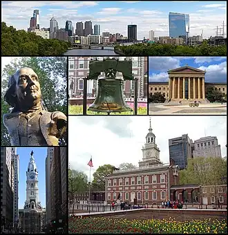 Do topo, da esquerda para a direita: panorama de Filadélfia, estátua de Benjamin Franklin, Sino da Liberdade, Museu de Arte de Filadélfia, Paço municipal de Filadélfia e o Independence Hall