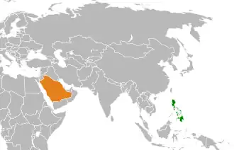 Mapa indicando localização da Arábia Saudita e da Filipinas.