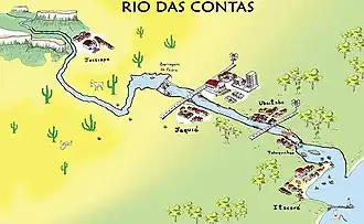 Esquema artístico do curso do rio, da Chapada Diamantina em Jussiape ao Oceano Atlântico em Itacaré.