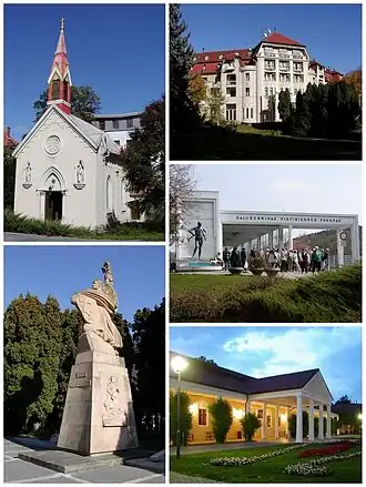 Do topo, em sentido horário: Igreja do Sagrado Coração de Jesus; Thermia Palace Hotel; Ponte Colunata; Napoleon's Spa Resort; Monumento de Agradecimento aos Libertadores (Vďaka osloboditeľom).