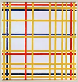 A painting of yellow, red, and blue lines arranged in a woven lattice or grid-like pattern.