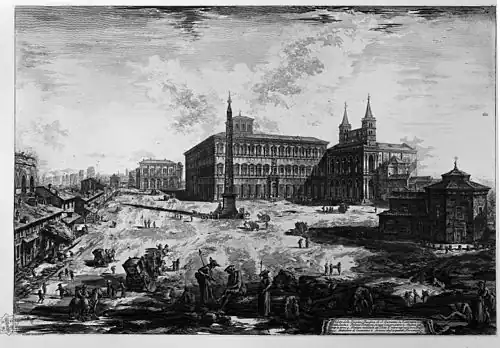 Vista da área do Latrão por Piranesi (séc. XVIII). Estão visíveis o Palácio de Latrão, a Basílica de São João de Latrão, o Obelisco Laterano e o Batistério de São João.