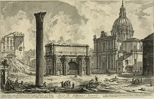 Gravura de Piranesi no século XVIII. Interessante notar o nível da rua, muito mais elevado na época do que é hoje.
