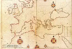 Mapa de Piri Reis da Europa e do Mar Mediterrâneo a partir de 1513