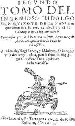 Uma página intitulada 'SEGVNDO / TOMO DEL / INGENIOSO HIDALGO / DON QVIXOTE DE LA MANCHA...' ilustrada com um cavaleiro montado atacando.