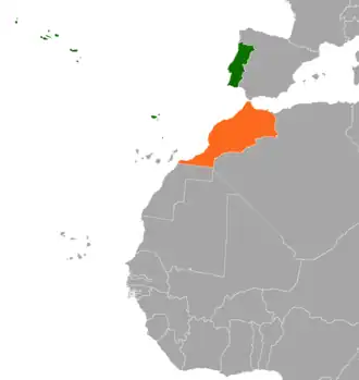 Mapa indicando localização de Marrocos e de Portugal.