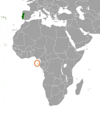 Mapa indicando localização de Portugal e de São Tomé e Príncipe.