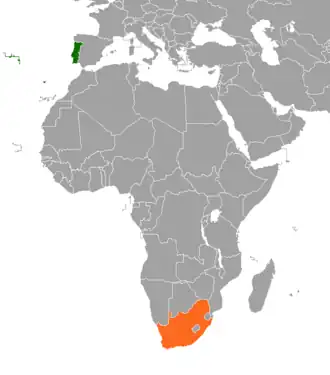 Mapa indicando localização da África do Sul e de Portugal.