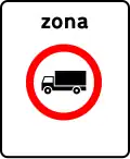 G5b Zona de trânsito proibido (a veículos pesados de mercadorias): indicação de entrada numa zona em que o trânsito é proibido aos veículos representados no sinal (exemplo: veículos pesados de mercadorias)