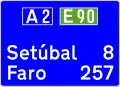 L1 — sinal de confirmação: este sinal deve conter a identificação da estrada em que está colocado, bem como a indicação dos destinos e respetivas distâncias servidos direta ou indiretamente pelo itinerário, inscritos de cima para baixo, por ordem crescente das mesmas distâncias. Os destinos não diretamente servidos pelo itinerário, bem como a distância a que se situam, devem ser inscritos entre parêntesis