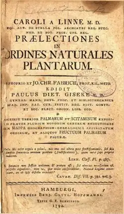 Página de título de Praelectiones in ordines naturales plantarum de Lineu