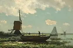Polder Landscape with Camponês Punting a Boat, 1870, óleo no painel