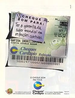Publicidade da Cheques Cardápio em revista, em 1997
