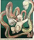 O Infante Hércules e as Serpentes da Standard Oil, de Frank A. Nankivell, retratando o presidente dos EUA Theodore Roosevelt agarrando a cabeça de Nelson W. Aldrich e o corpo semelhante a uma cobra de John D. Rockefeller, 23 de maio de 1906.