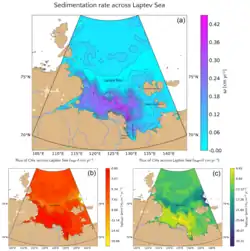 As emissões de metano no Mar de Laptev são tipicamente consumidas dentro do sedimento por metanotróficos. Áreas com alta sedimentação (topo) sujeitam suas comunidades microbianas a distúrbios contínuos, sendo as mais propensas a apresentar fluxos ativos, seja com (direita) ou sem fluxo ascendente ativo (esquerda). Mesmo assim, a liberação anual pode ser limitada a 1000 toneladas ou menos.