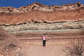 Pessoa de braços abertos em frente a uma formação sedimentar com cores terrosas em um ambiente desértico.